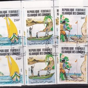 Komor Adaları 1982 İzcilik 75. Yıl Dönümü Damgalı Blok Seri Yelkenli & İzcilik Temalı Pullar