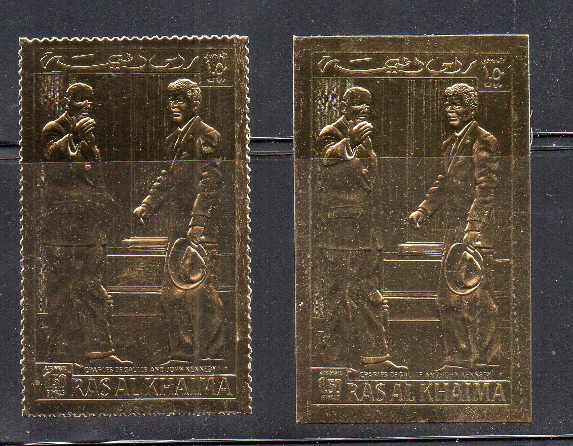 Ras Al Khaima Devlet Adamları Dantelli ve Dantelsiz Altın Foil-Charles De Gaulle ve Kennedy 1 klikyayeni 171 1 1.jpg