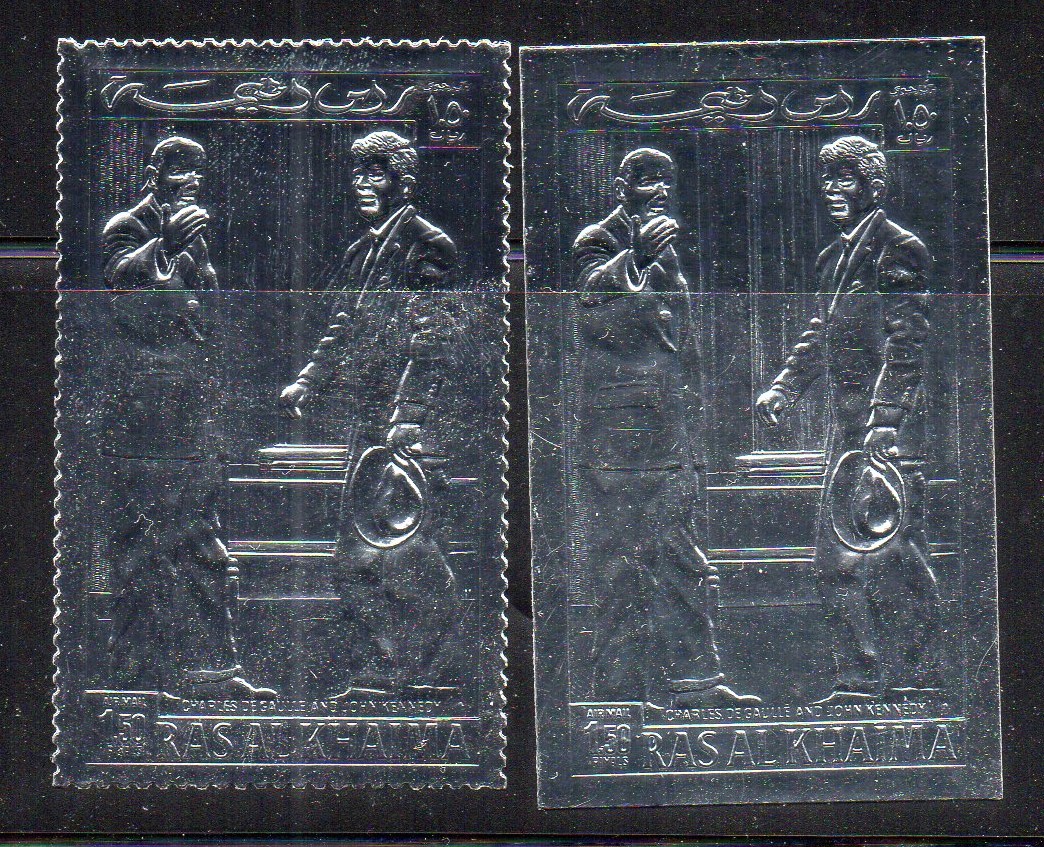Ras Al Khaima Devlet Adamları Dantelli ve Dantelsiz Gümüş Foil-Charles De Gaulle ve Kennedy 1 klikyayeni 172 1 1.jpg